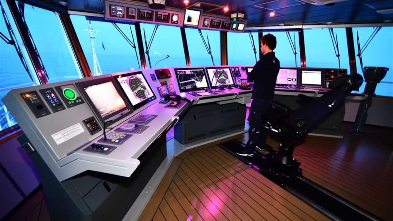 Maritime professional controlling the bridge