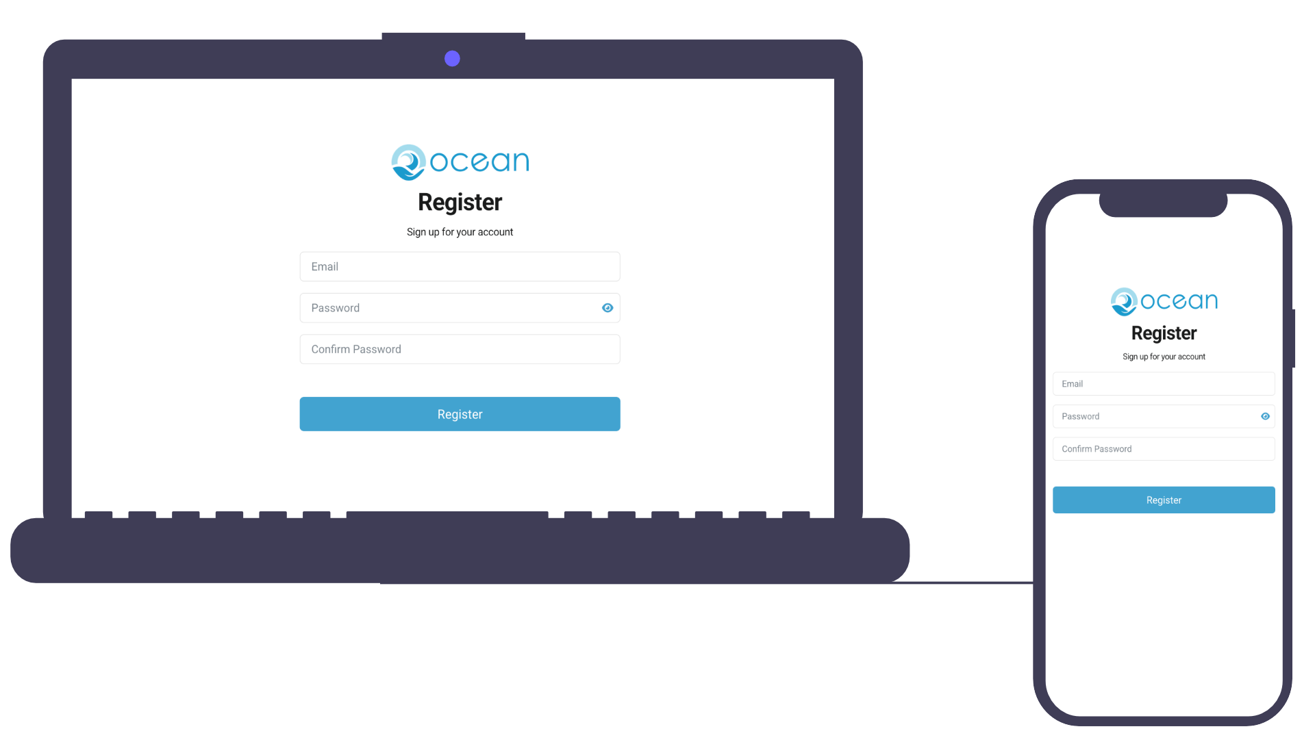 Illustration of a mobile phone and laptop displaying the Ocean App registration form